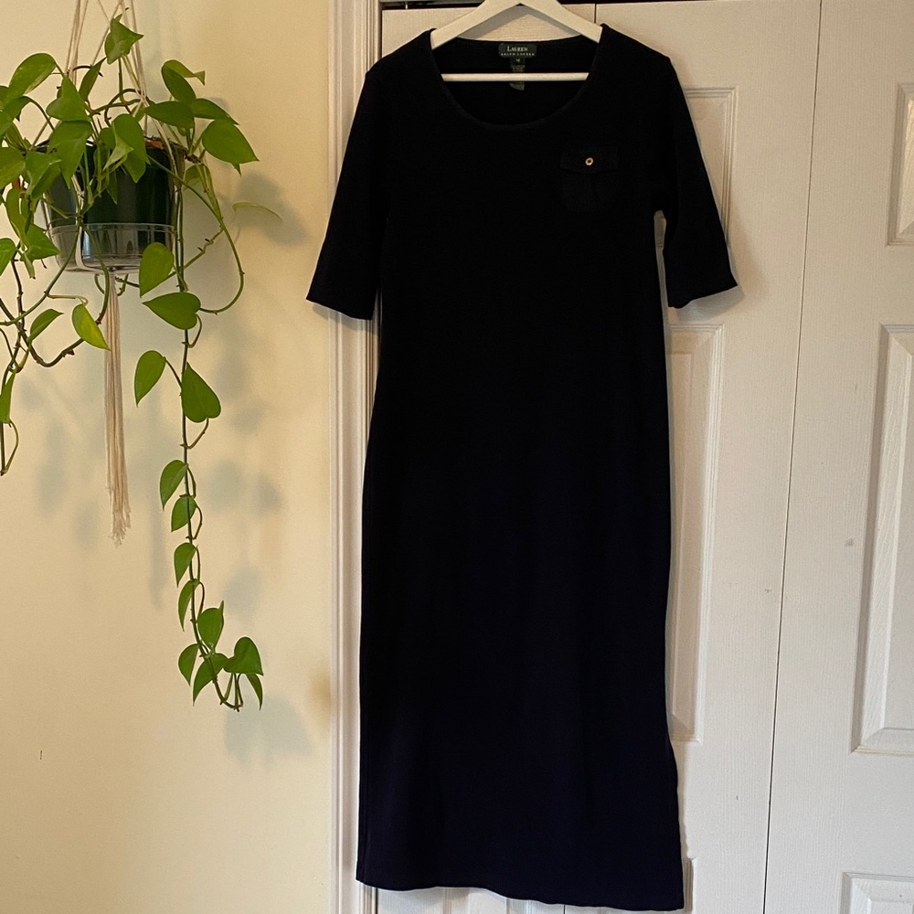 Ralph Lauren Classic 100% cotton jersey maxi dress 3/4 sleeve side slit Medium